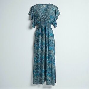 Teal Boho Grecian Maxi Dress – Smocked Waist Flowing Summer Dress | Small | NWOT